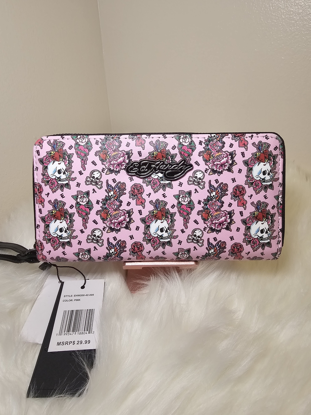 Ed Hardy Pink Skull & Rose Zip-Around Wallet